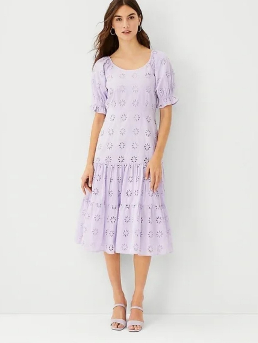 ANN TAYLOR Lavender Eyelet Scoop Neck Midi Dress with Puff Sleeves
